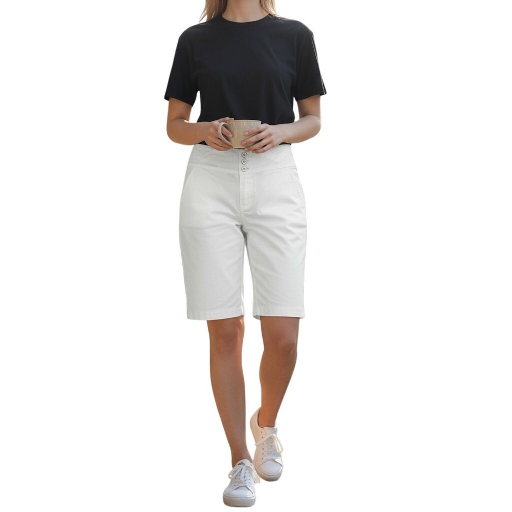 One 5 One Womens White Bermuda Shorts High Rise Triple Button Cotton Twill 10